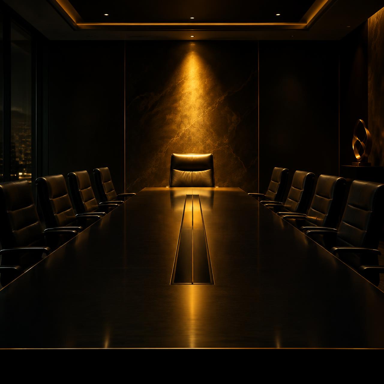Mesa executiva com uma cadeira iluminada em destaque